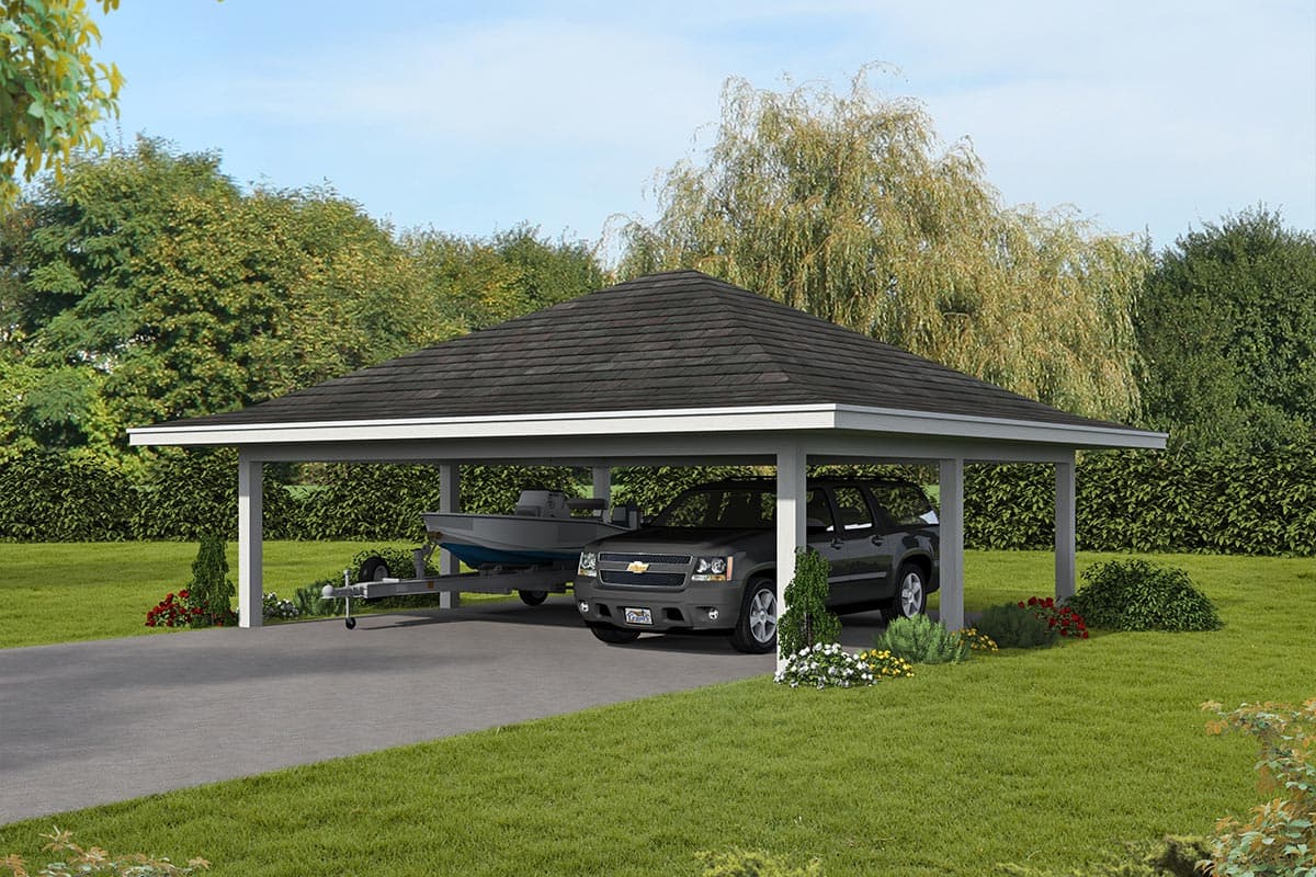 Carport plan exterior. A-frame roof with shingled covering. Driveway leads to covered parking for a vehicle and a boat on a trailer.