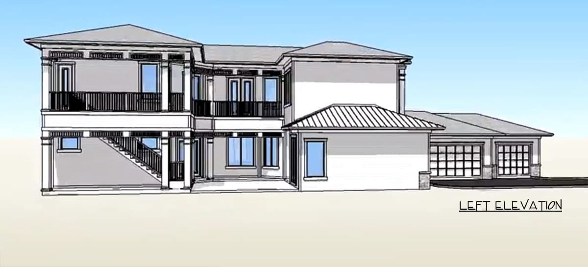 Left elevation of a two-story house plan with balconies, exterior stairs, and a three-car garage.