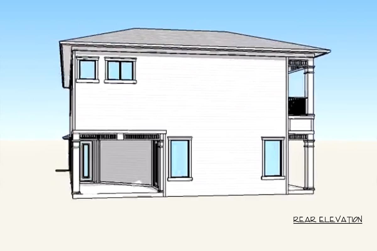 Rear elevation of a two-story house plan featuring a garage, covered patio, and second-story balcony.