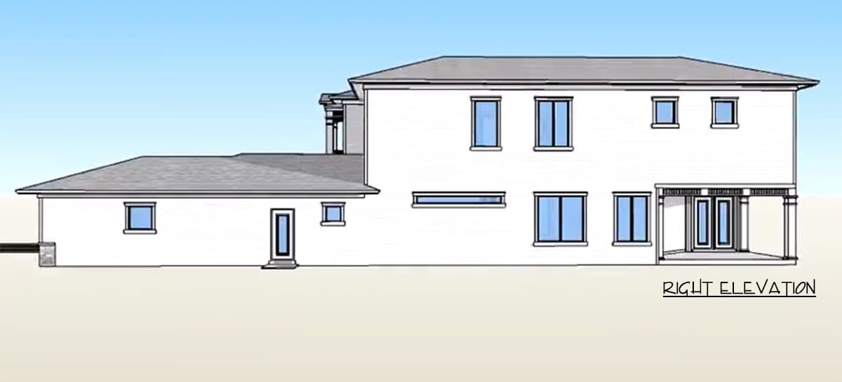 House plan right elevation showing a two-story main section and a single-story wing with multiple windows and a covered porch.