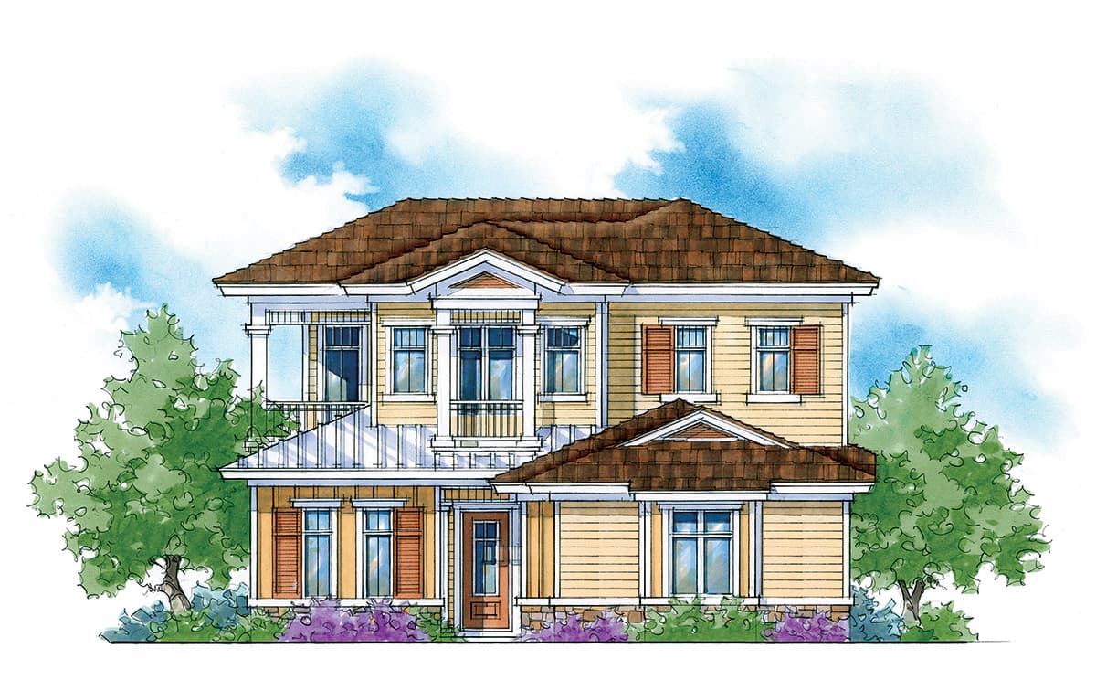 House plan exterior. Two-story design with front balcony, gabled rooflines, and decorative shutters. Craftsman style evident in detailing.