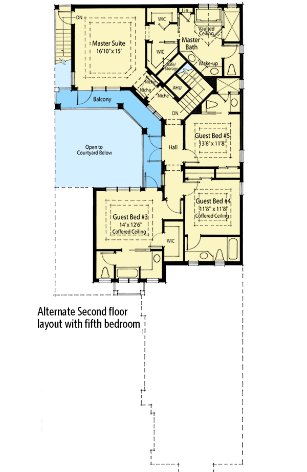 Plan 33039ZRX: 2-Story House Plan with Courtyard with Fireplace and Guest Cabana Access - 3191 Sq Ft - Floor Plan - Optional Second Floor with Fifth Bedroom - Southern, Traditional