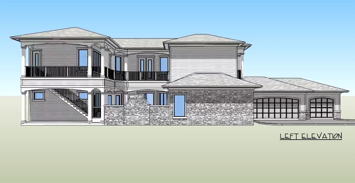 Left elevation of a two-story house plan with stone accents, balconies, an exterior staircase, and a two-car garage.