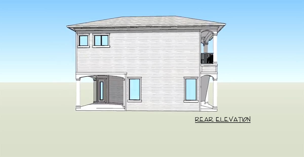 Rear elevation house plan for a two-story home with a covered rear entry, second-story balcony, and prominent columns.