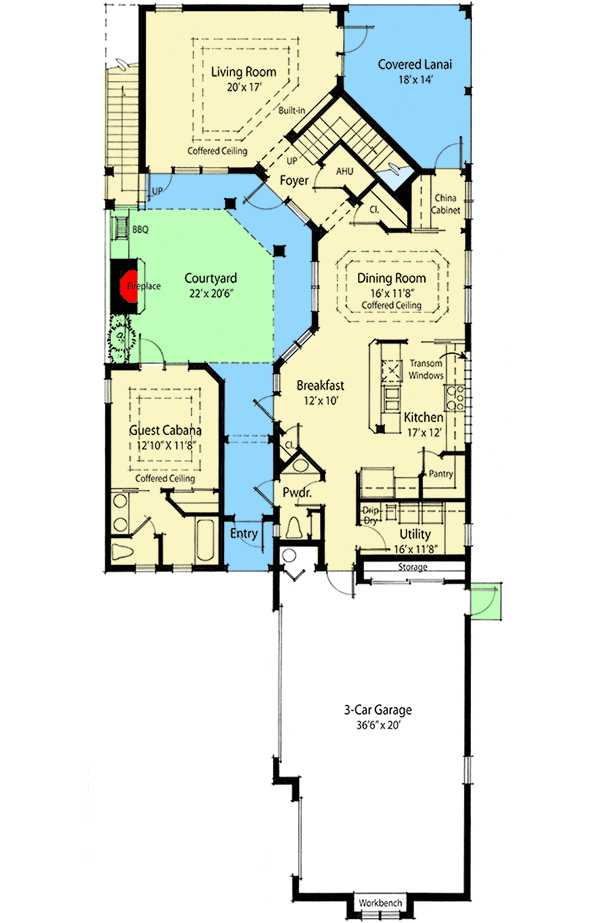Plan 33041ZRX: Mediterranean-Style House Plan with Courtyard with Fireplace and Guest Cabana Access - 3191 Sq Ft - Floor Plan - Main Level - Florida-Style, Mediterranean