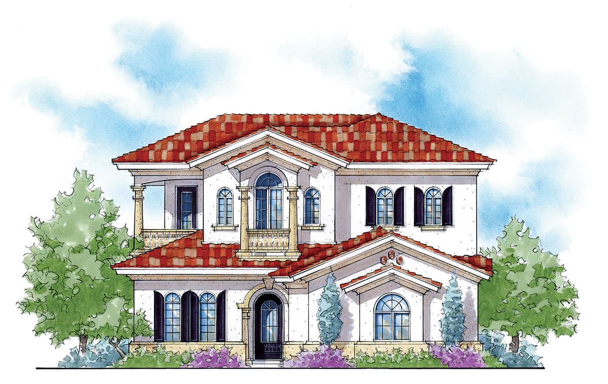Mediterranean style house plan exterior, two stories, red tile roof, arched windows, central balcony with columns.