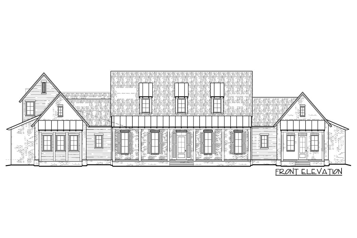 Front elevation house plan with a symmetrical facade, central porch, dormers, and varying rooflines.