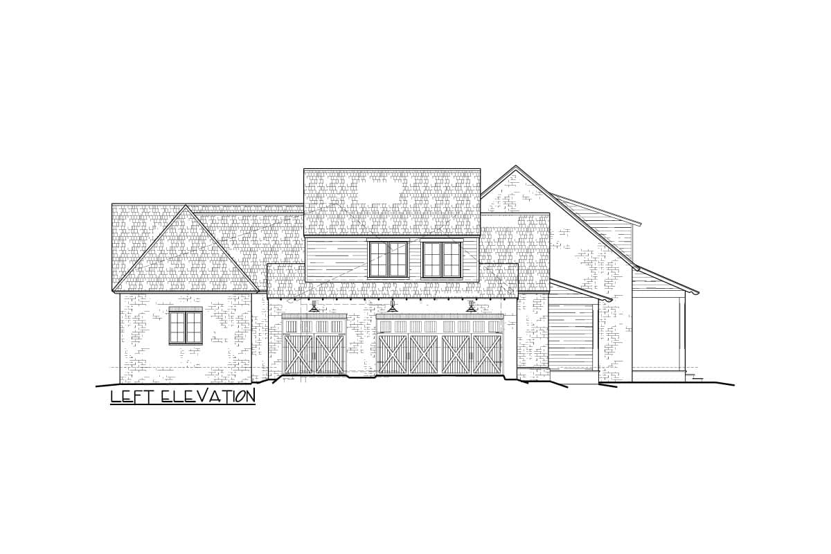Left elevation house plan showing a multi-story structure with a three-car garage, varied rooflines, and brick and siding exterior details.
