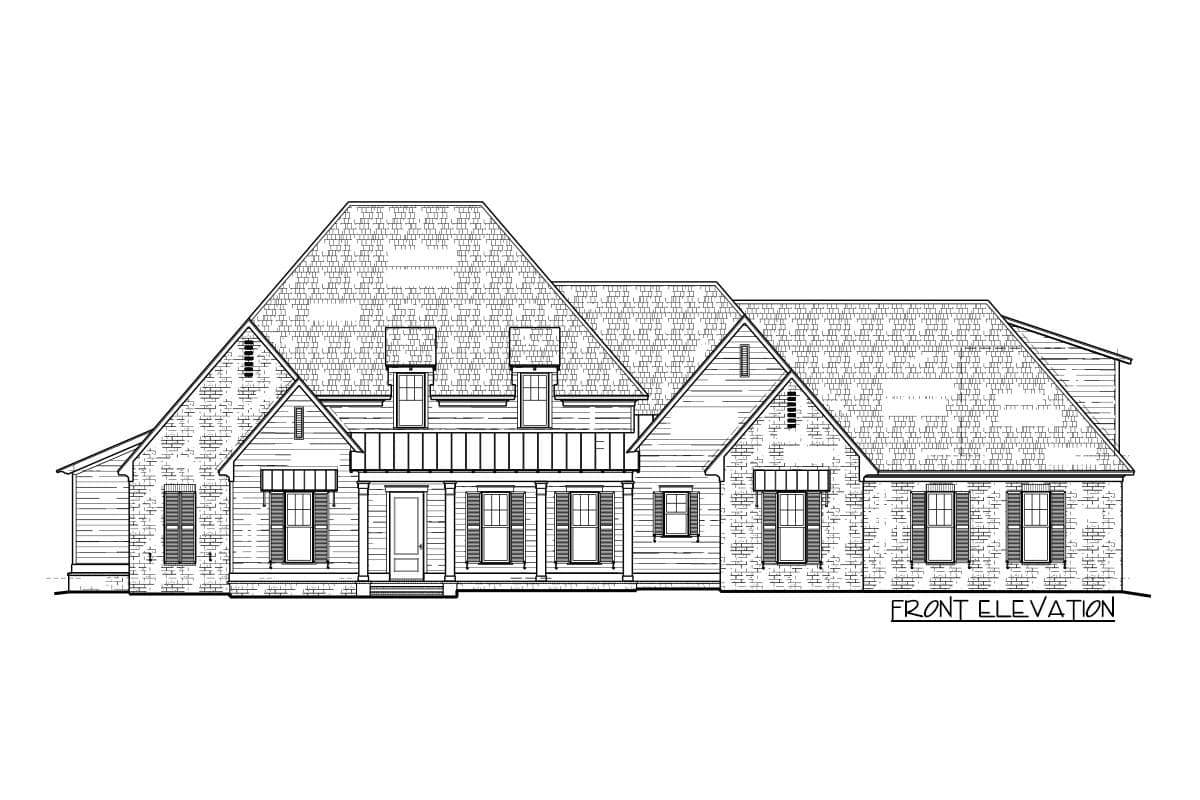 Front elevation house plan with multiple gables, dormers, brick and horizontal siding, and covered front porch.
