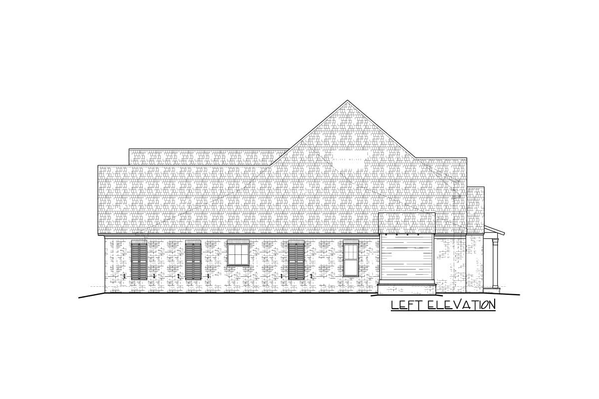Left elevation of a house plan showing a prominent gable roof, several windows, and an attached garage.
