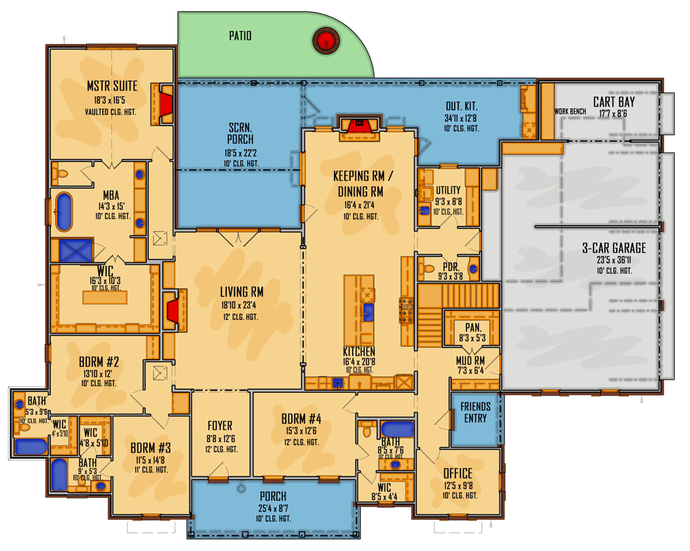 Plan 510216WDY: Exclusive Southern Home Plan with Cart Bay and Partially-screened Porch - Floor Plan - Main Level - Acadian, Country, Farmhouse, French Country, Louisiana-Style, Southern