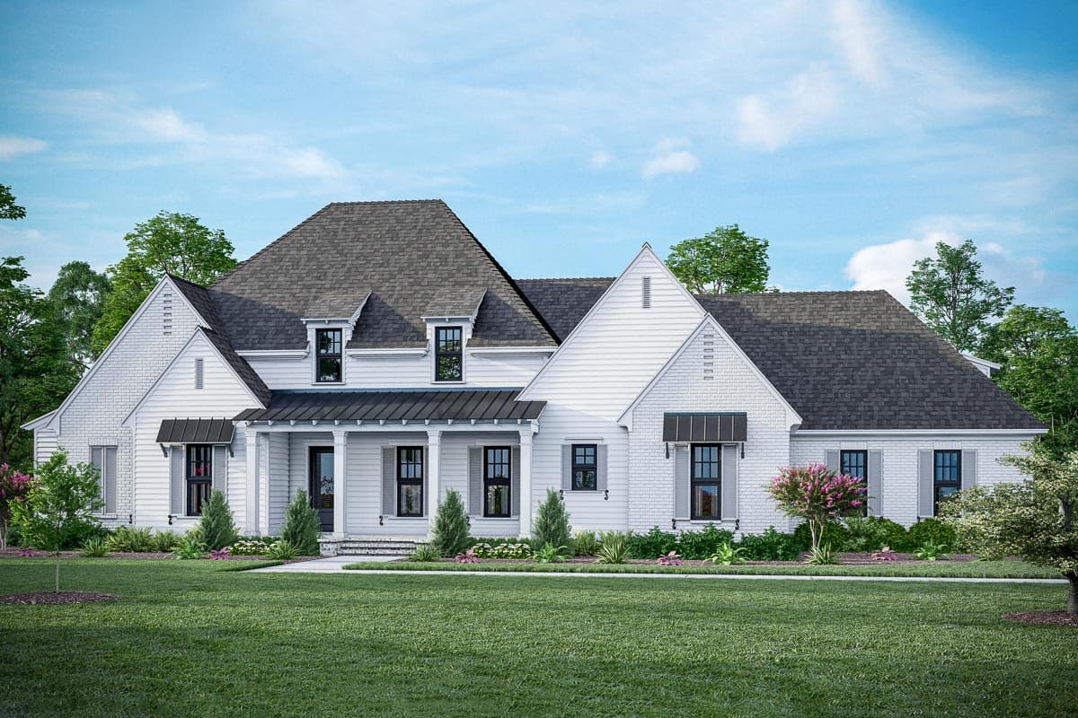 House plan exterior. Two-story Modern Farmhouse with gabled roof, covered porch, and dormers. Features brick and siding exterior, dark trim.