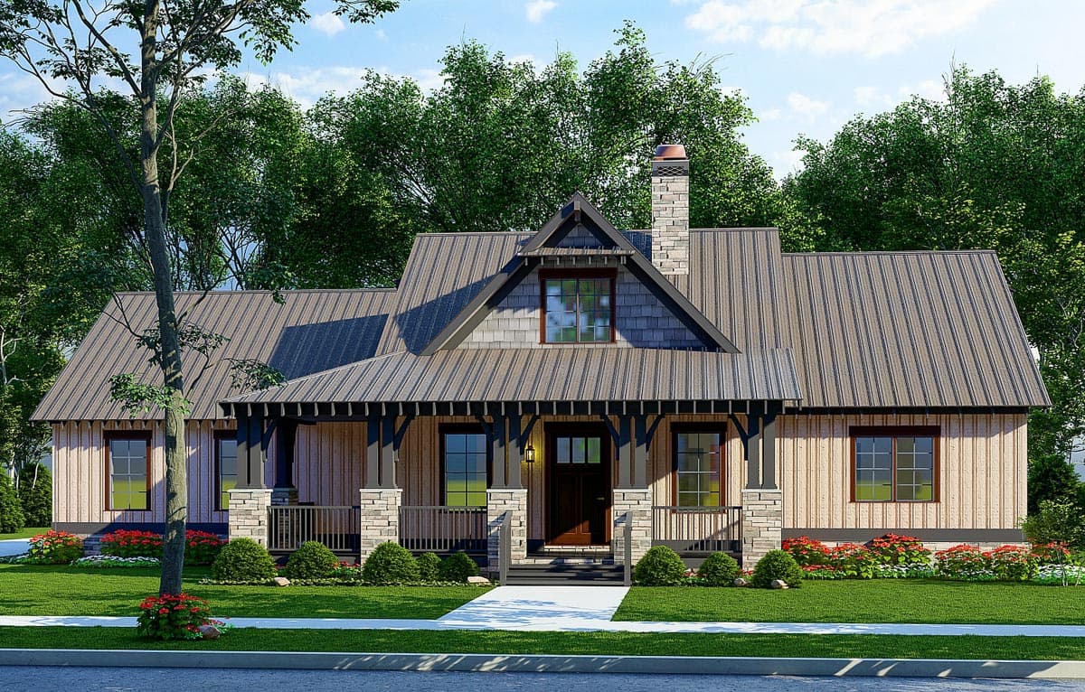 House plan exterior. Craftsman style, one-story. Features include a front porch with stone columns, gable roof, and dormer window.