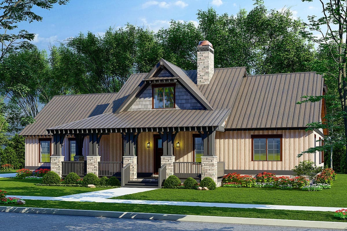 House plan exterior: Modern Farmhouse style, one story, with covered front porch, stone accents, metal roof, and prominent gable.