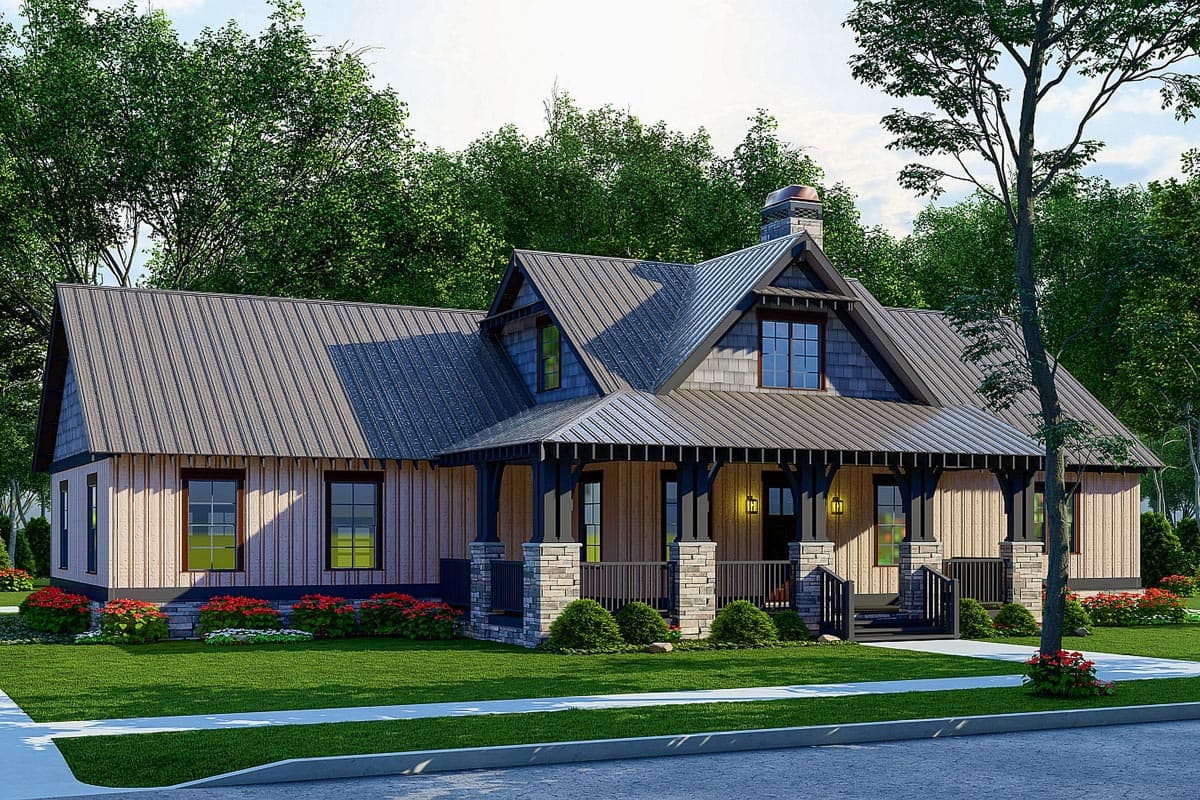 Modern Farmhouse style house plan exterior with metal roof, gables, stone-clad porch columns, and a covered front porch.