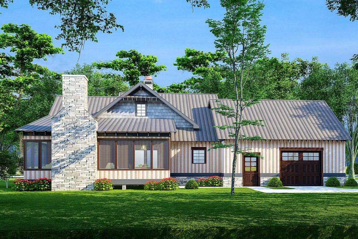 Plan 70714MK: Rustic House Plan with Rear-Facing Garage and Large Screened Porch with Fireplace - 2005 Sq Ft - Image #4 - Bungalow, Cottage, Country, Craftsman, Rustic