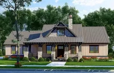 Rustic House Plan with Rear-Facing Garage and Large Screened Porch with Fireplace - 2005 Sq Ft