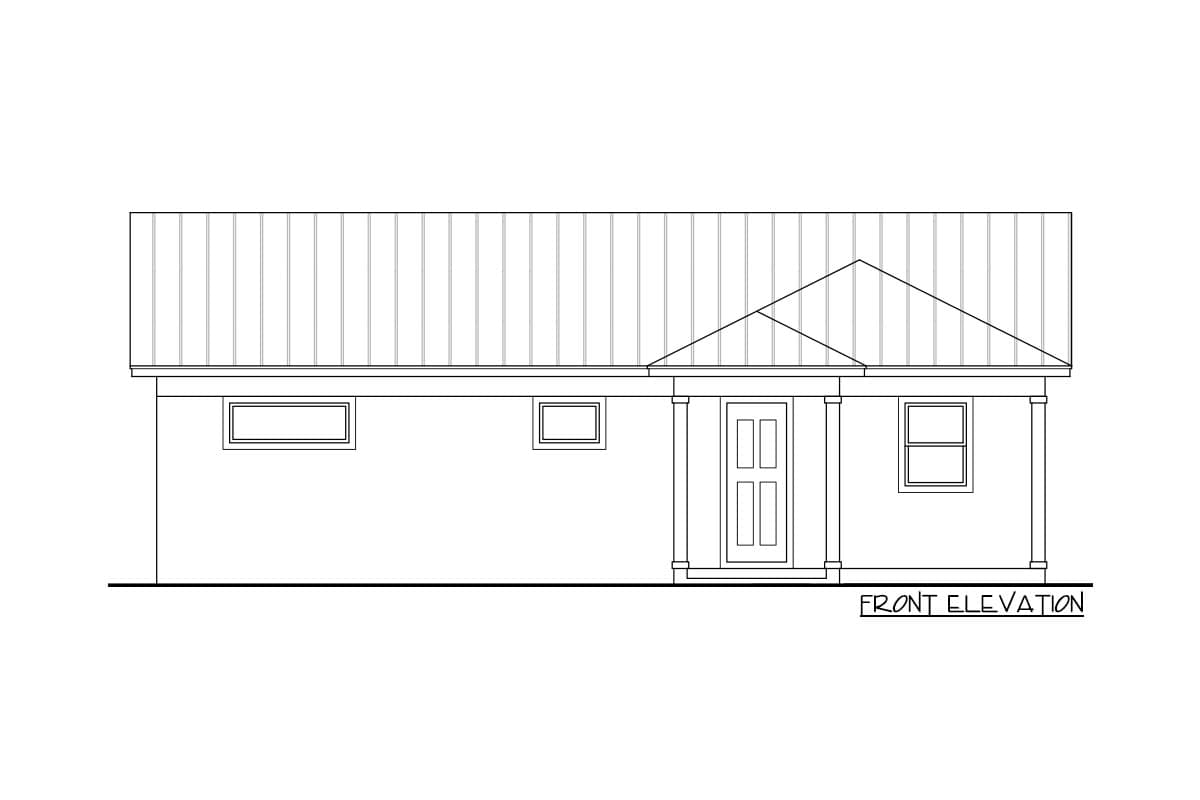 Front elevation drawing of a one-story house with a standing seam metal roof, double doors, and two windows.
