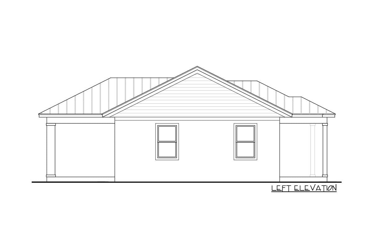 Left elevation house plan drawing of a one-story structure with a gabled roof, two windows, and covered porches.
