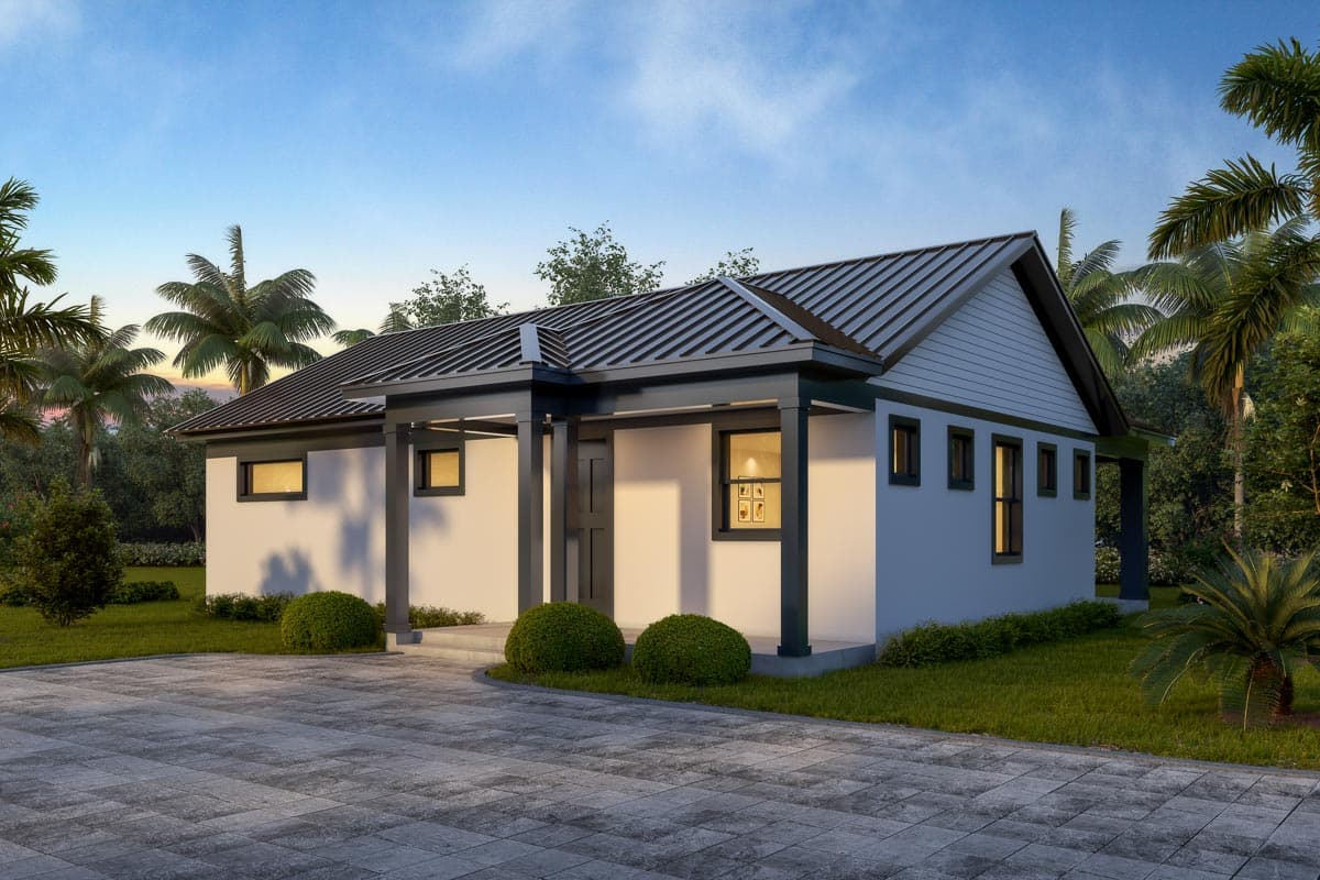 House plan exterior. One-story structure with gable roof, covered porch, and horizontal windows. Features a carport and a tropical landscape.