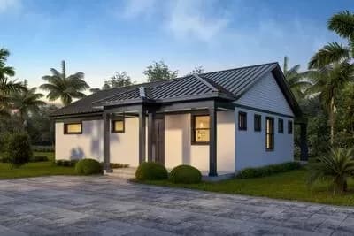 Rectangular 2 Bedroom Tiny Home Plan with 2 Outdoor Spaces