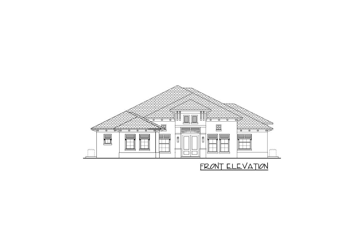 Front elevation drawing of a single-story house plan with a hipped roof, double entry doors, and multiple windows.