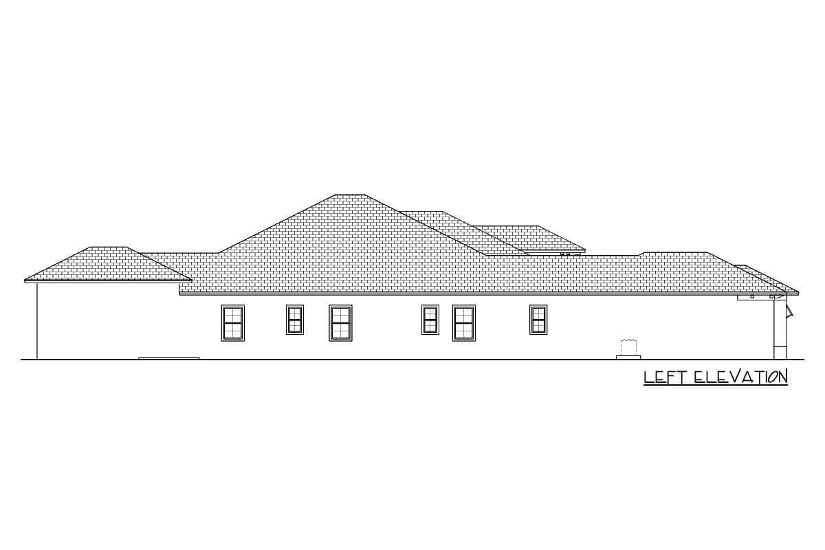 Left elevation drawing of a one-story house plan with varied rooflines and multiple windows.