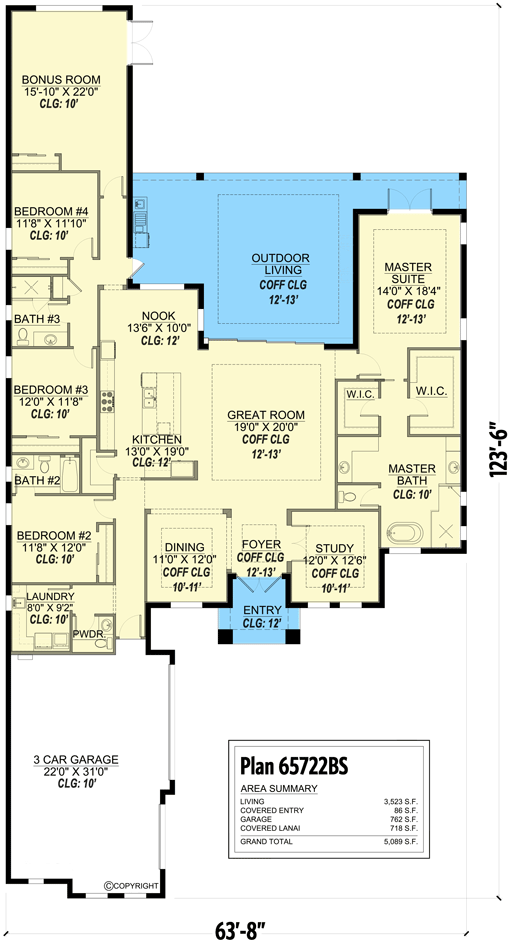 Plan 65722BS: 4-Bed Southern Beach Home with Split-bed Layout and Large Covered Lanai - Floor Plan - Main Level - Coastal, European, Florida-Style, Mediterranean
