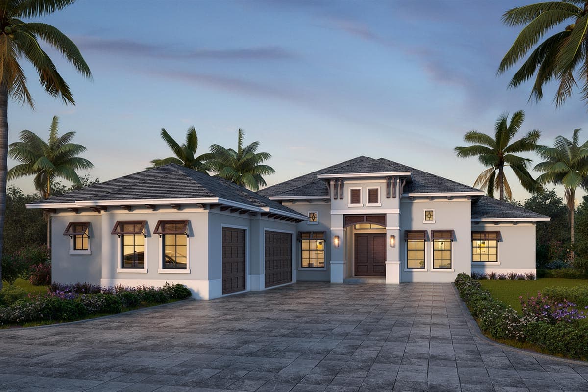 House plan exterior. One-story with a gable roof, garage, and entryway with a portico and columns. Includes multiple windows.