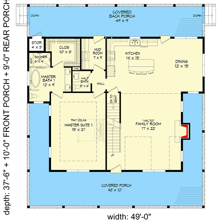 Plan 68842VR: Country Farmhouse Plan with Wraparound Porch on an Unfinished Basement - Floor Plan - Main Level - Coastal, Country, Farmhouse, Mountain, Traditional