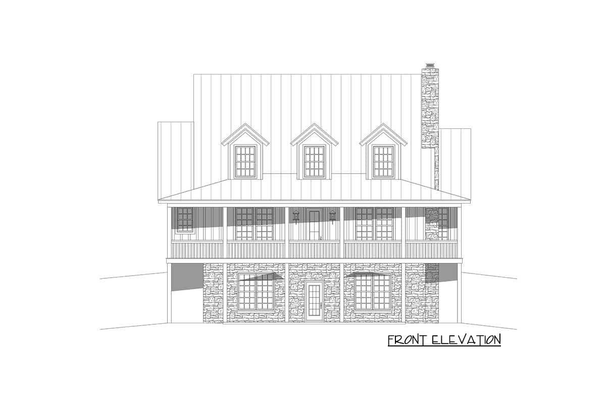 Front elevation house plan with a full-width porch, stone base, and three dormer windows.