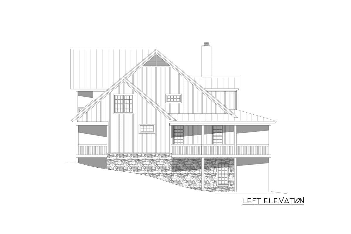 House plan left elevation showing a two-story Modern Farmhouse with board-and-batten siding, stone foundation, and wraparound porch.