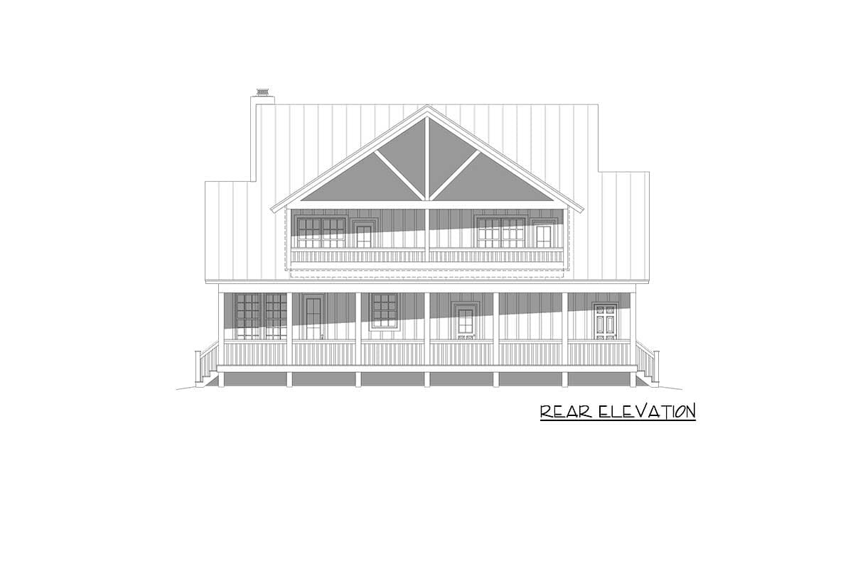 Rear elevation house plan drawing shows a two-story house with a full-width covered porch, gable roof, and dormers.