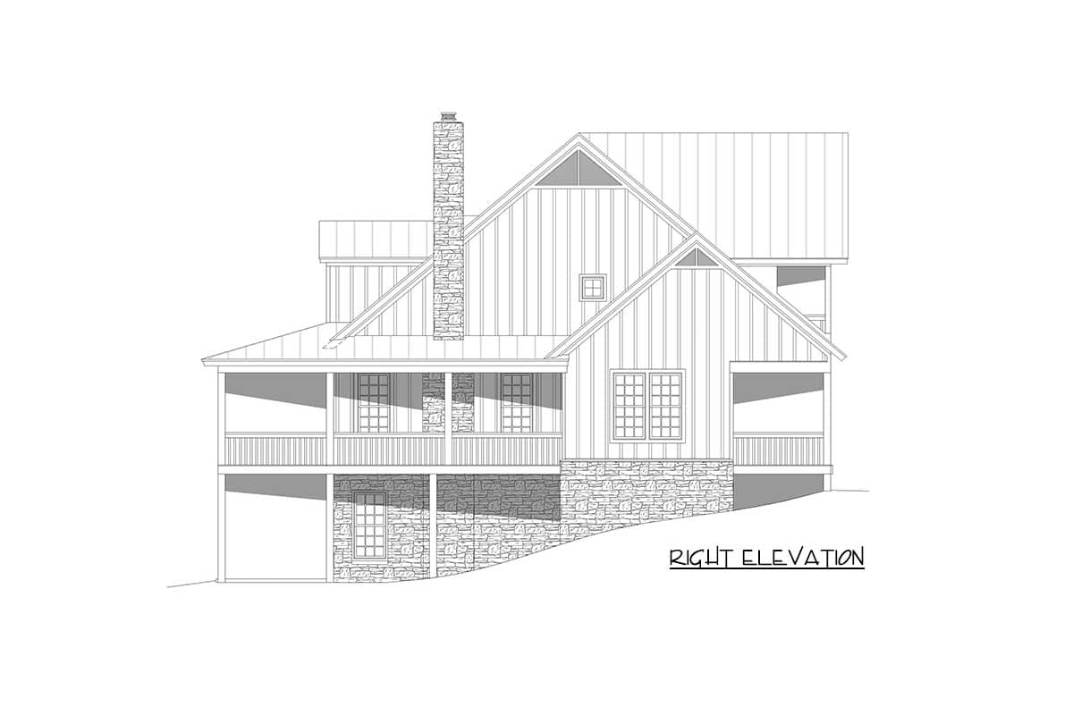 Right elevation house plan: two-story, A-frame gables, stone chimney, board and batten siding, wrap-around porch, stone foundation.