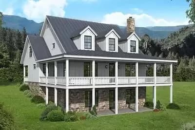 Country Farmhouse Plan with Wraparound Porch on an Unfinished Basement