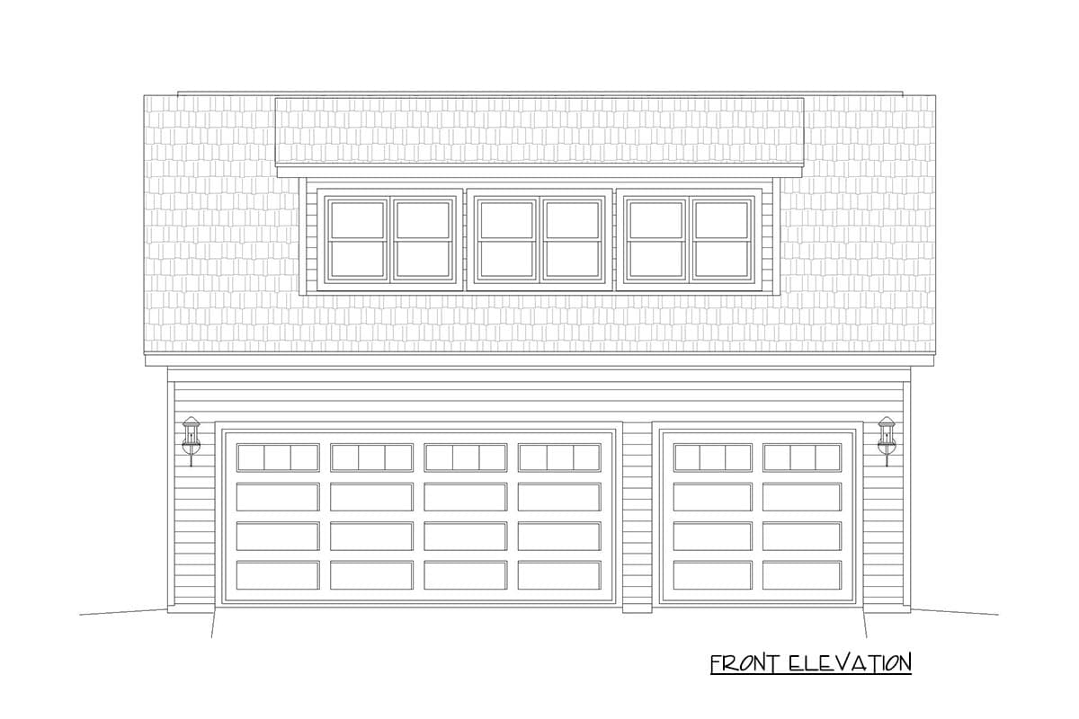 Front elevation drawing of a garage with two double doors and one single door, topped by three windows and shingled roof.