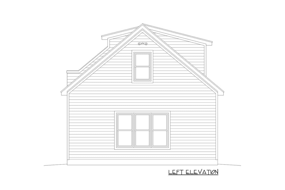 Left elevation house plan drawing with clapboard siding, dormer, and two sets of windows.
