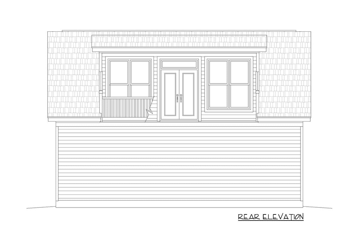 Rear elevation drawing of a house plan featuring double doors, two windows, a porch, and horizontal siding.