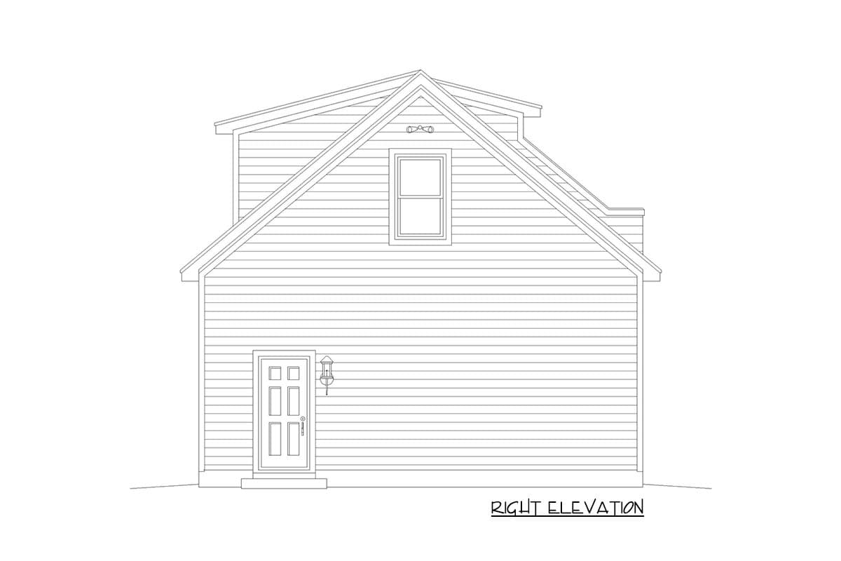 Right elevation drawing of a two-story house plan with a central gable, front door, and one upper window.