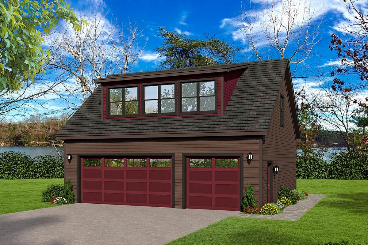 House plan exterior with two-car garage. Features include a gable roof, dormer with three windows, and clapboard siding.