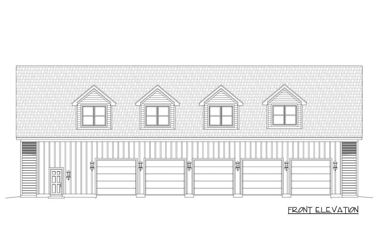 Front elevation drawing of a long, multi-car garage with five garage doors, a central entrance, and four dormer windows.