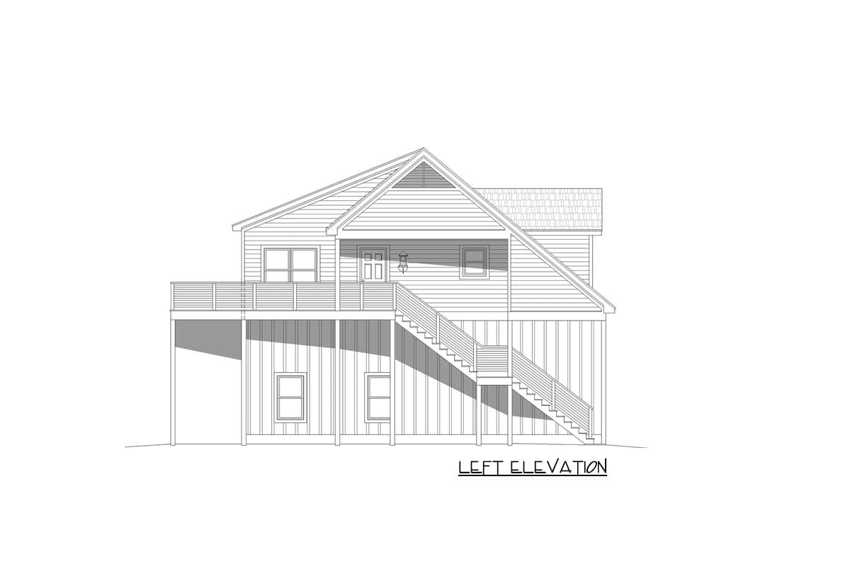 Left elevation house plan drawing of a two-story home with a raised foundation, gabled roof, and side stairs to a deck.
