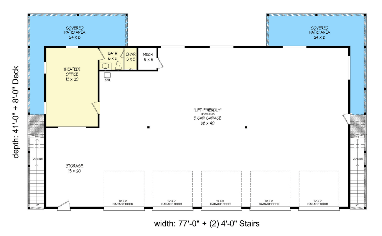 Plan 68844VR: Barndominium Duplex with 5 Garage Bays and a Ground Level Office - Floor Plan - Main Level - Barndominium, Country