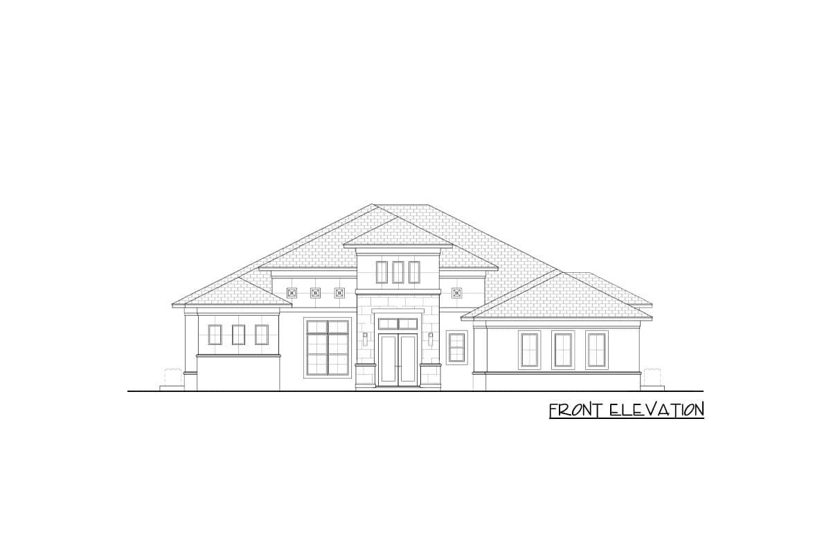Front elevation of a single-story house plan featuring a central entrance, multiple gables, and numerous windows.