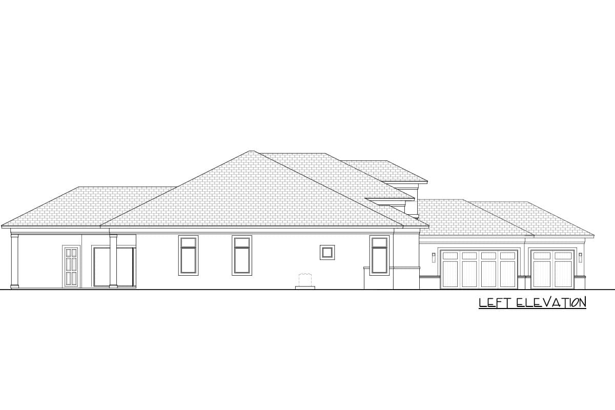 Left elevation drawing of a single-story house plan with a pitched roof, multiple windows, and a three-car garage.