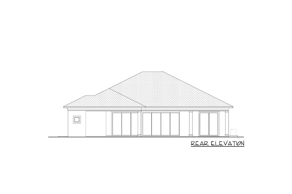 Rear elevation house plan drawing featuring a hip roof and multiple large sliding glass doors.
