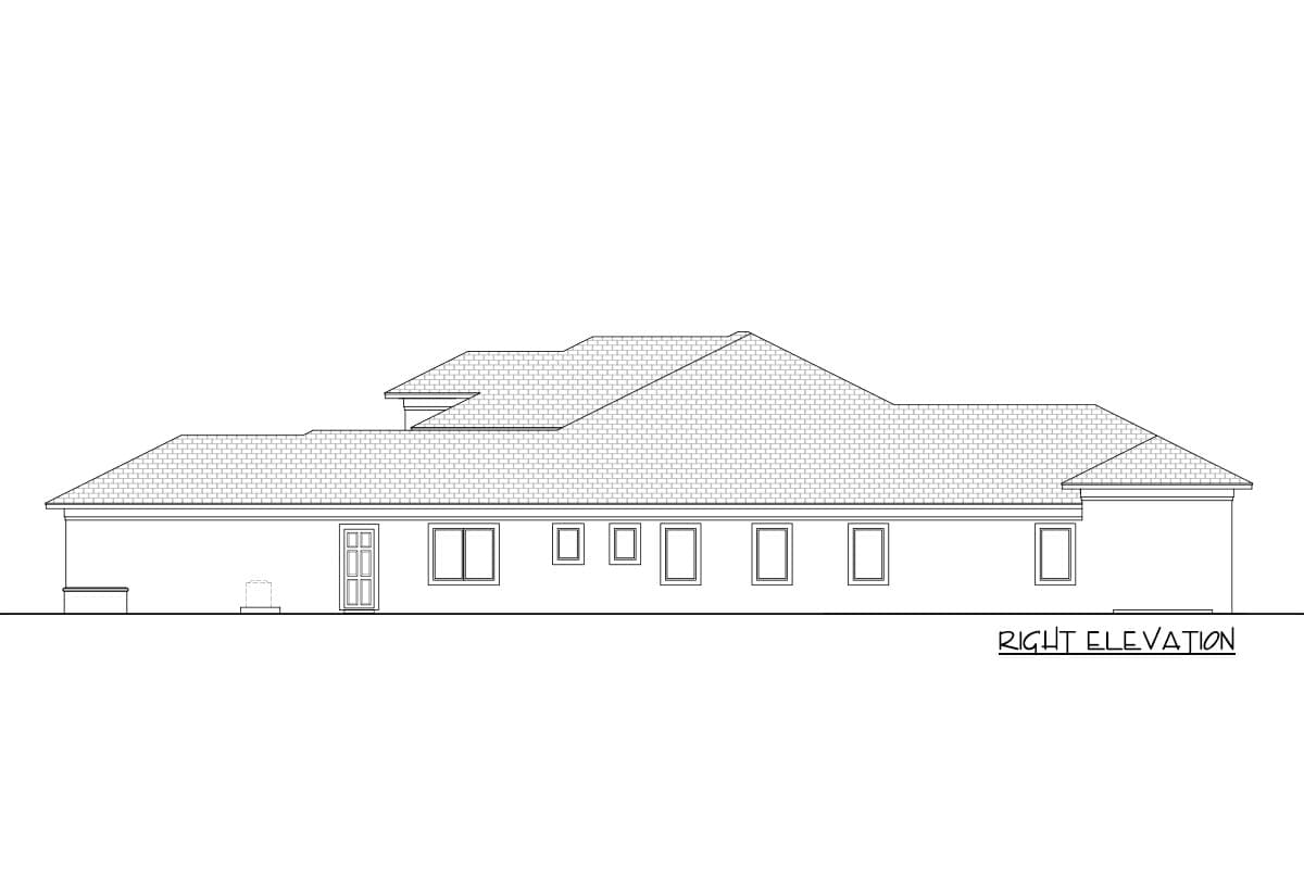 Floor plan elevation drawing: right side view of a single-story house with a hip roof, gables, and multiple windows.