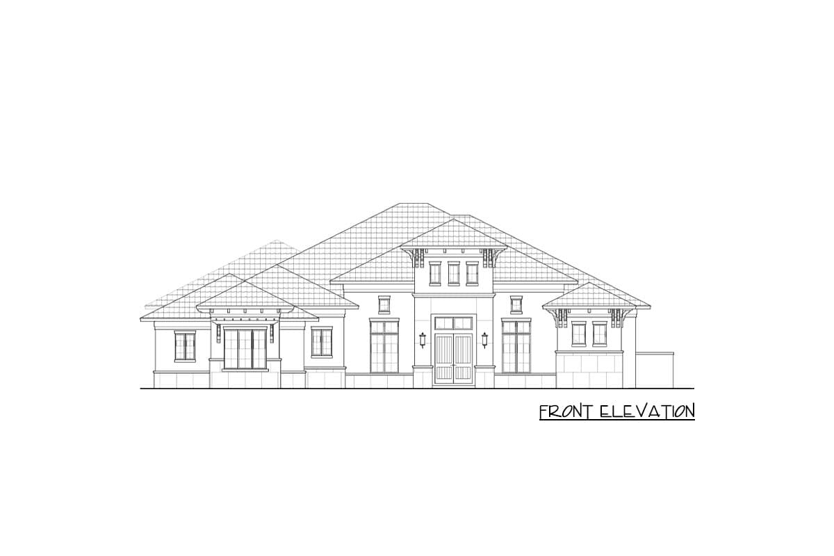 Front elevation drawing of a single-story house plan with a prominent central gable and multiple hip roof sections.