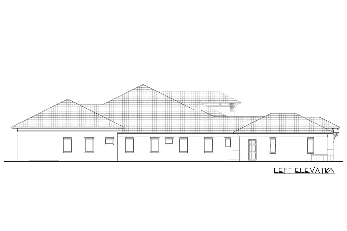 House plan left elevation shows a single-story building with a tiled roof, multiple gables, and numerous windows.