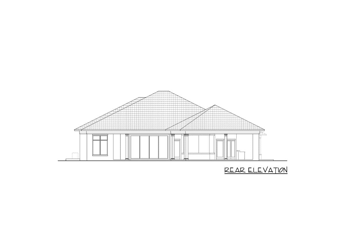Rear elevation drawing of a single-story house with a tiled hip roof, large sliding glass doors, and covered patio.